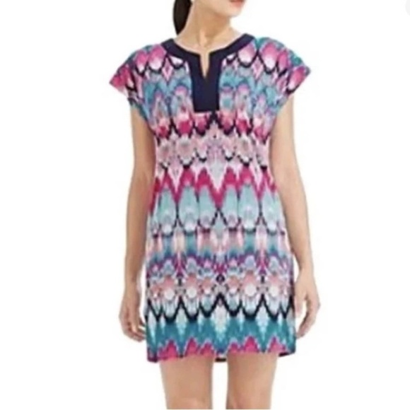 Laundry by Shelli Segal Pink Blue & Black Ikat Short Sleeve Mini Shift Dress XS - Picture 1 of 11